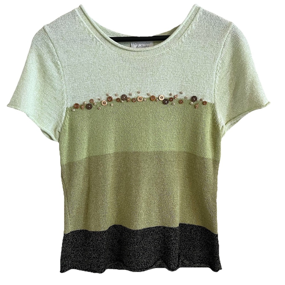 Y2K Rolled Neck Knit Top Women's S Short‎ Sleeve Beaded Green Stripe Cottagecore